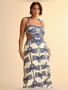 Blue and White Cutout Maxi Dress